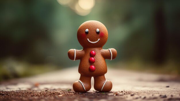 Foto gingerbread man koekjes op een wazige achtergrond van kerstverlichting warm bokeh licht macro fotografie achtergrond van nieuwjaar en wintervakanties