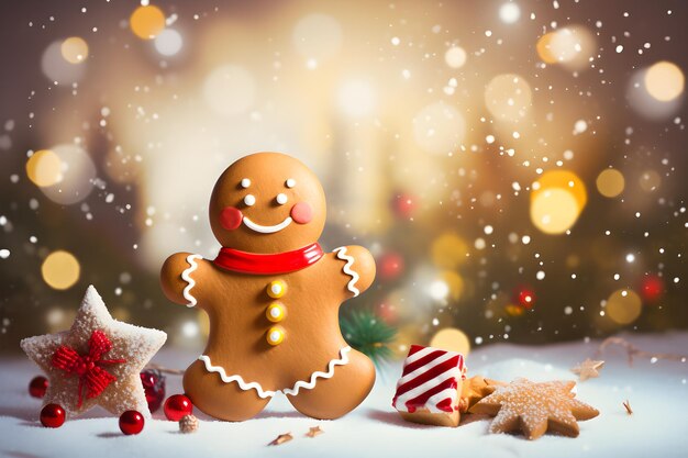 Gingerbread man op feestelijke heldere kerst achtergrond