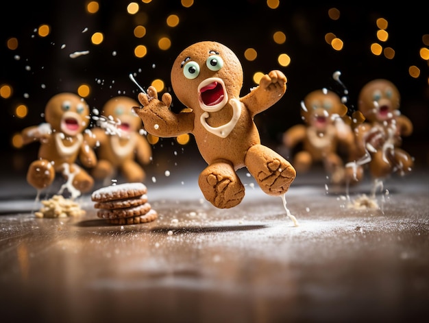 The gingerbread man running away from hungry animal