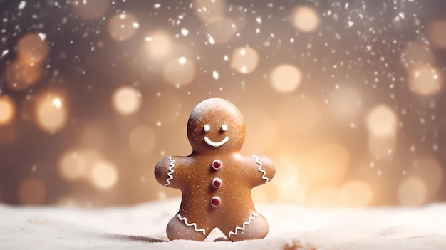 ジンジャーブレッドの男はぼやけた光の背景に可愛く笑顔を浮かべる新年とクリスマスのコンセプト AIが生成した