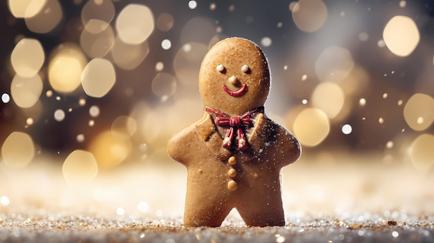 the gingerbread man smiles cutely on a blurred light background concept of new year and christmas AI Generated