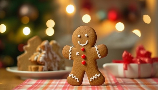 A gingerbread man with a red bow on the top of it.