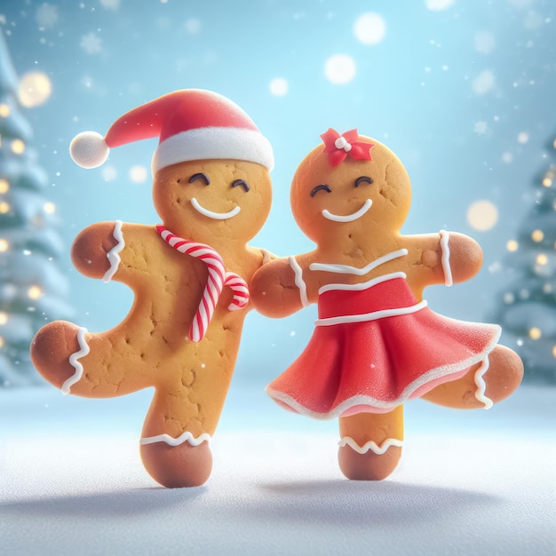 Gingerbread man and woman in Santa Claus hat Christmas background