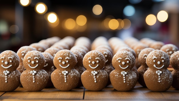 Gingerbread mannen in een rij op een houten tafel met bokeh achtergrond