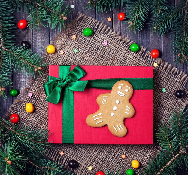 Gingerbread on the red gift box at Christmas