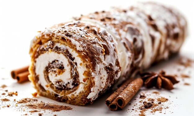 Foto gingerbread roll cinnamon cream su sfondo bianco dolce fatto in casa