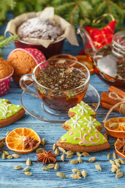 Gingerbread and star anise with cinnamon sticks and christmas decoration