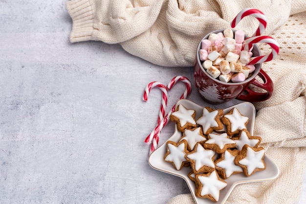 Foto pan di zenzero con tazza di cioccolata calda e bastoncino di zucchero natalizio.