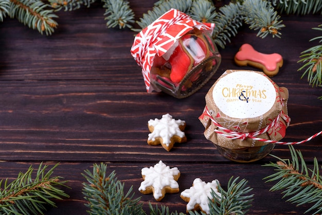 Gingerbreads with glaze on wooden background