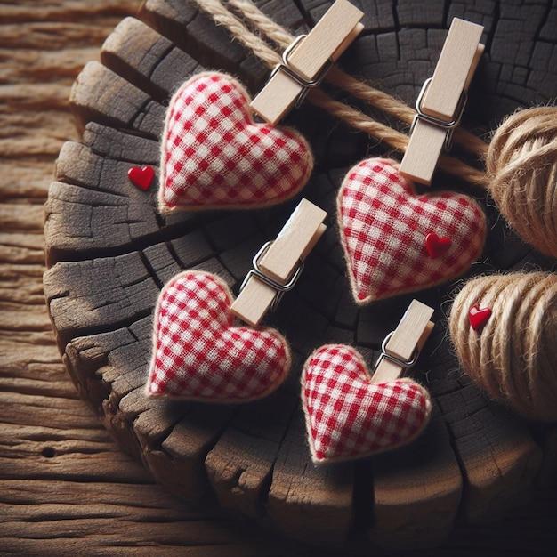 Photo gingham love valentines hearts natural cord and red clips hanging on rustic driftwood