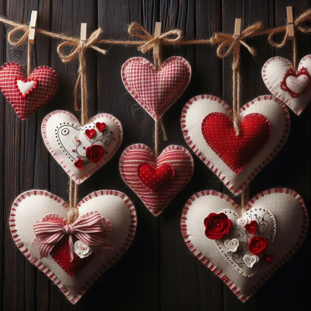 깅엄 러브 발렌타인 하트 천연 코드와 소박한 유목에 매달려 있는 빨간색 클립