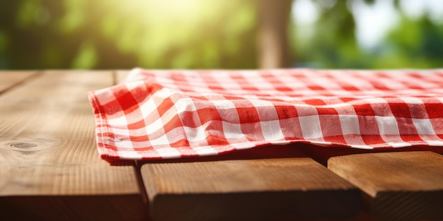 Gingham servet tentoongesteld op een houten tafel met een natuurlijke wazige achtergrond