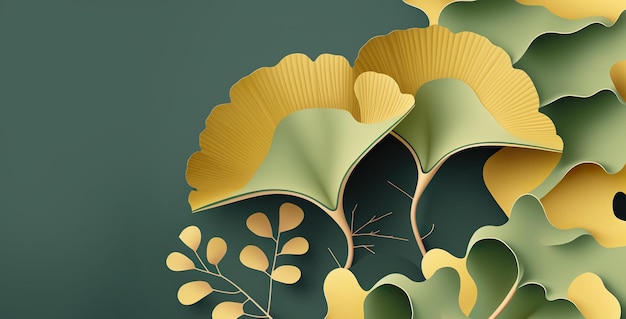 Ginkgo Biloba leaves green background Banner Floral art deco Natural pattern design AI illustration