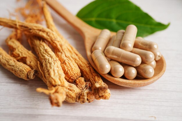 Ginseng roots and green leaf healthy food