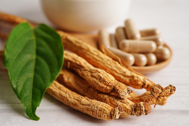 Ginseng roots and green leaf healthy food