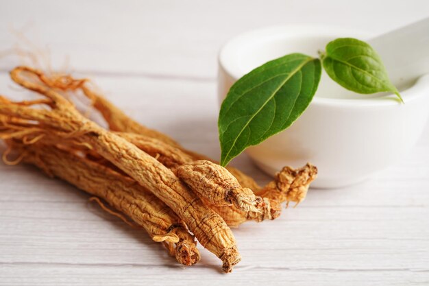Ginseng roots and green leaf healthy food