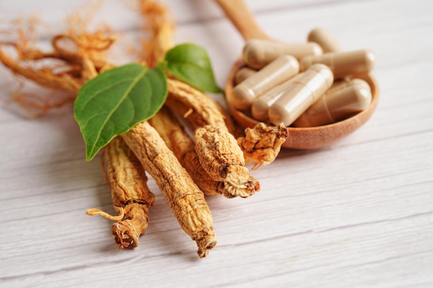 Ginseng roots and green leaf healthy food