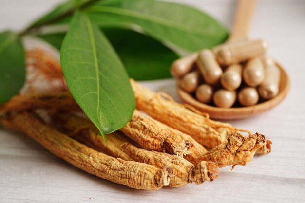 Ginseng roots and green leaf healthy food