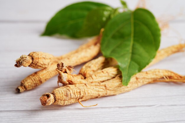 Photo ginseng roots and green leaf organic nature healthy food