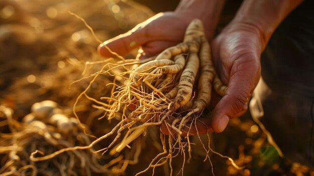 温かい日光のクローズアップ写真で農夫の手の中にある人参の根