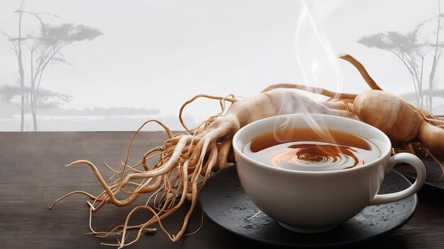 Photo ginseng tea and dry ginseng roots