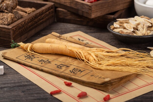 Ginseng and traditional Chinese medicine on the table