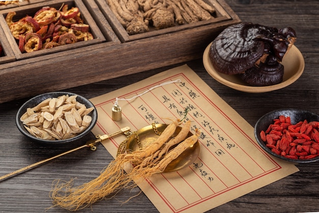 Ginseng and traditional Chinese medicine on the table