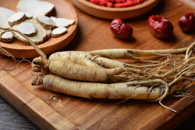 Ginseng, wolfberry and jujube are in the wooden plate