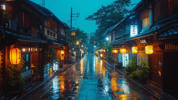 写真 京都のギオン・ゲイシャ地区 夜の狭い通りとランタン