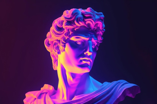 Gips antiek standbeeld met neon gekleurde achtergrond Generatieve AI