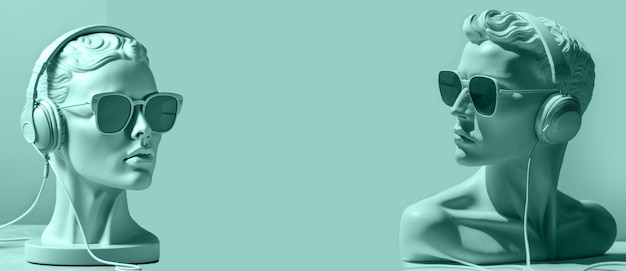 Foto gipsstandbeeld van hoofd creatief in blauwe zonnebril en koptelefoon minimaal concept banner muziekkunst