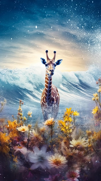 Giraf in het water aan zee