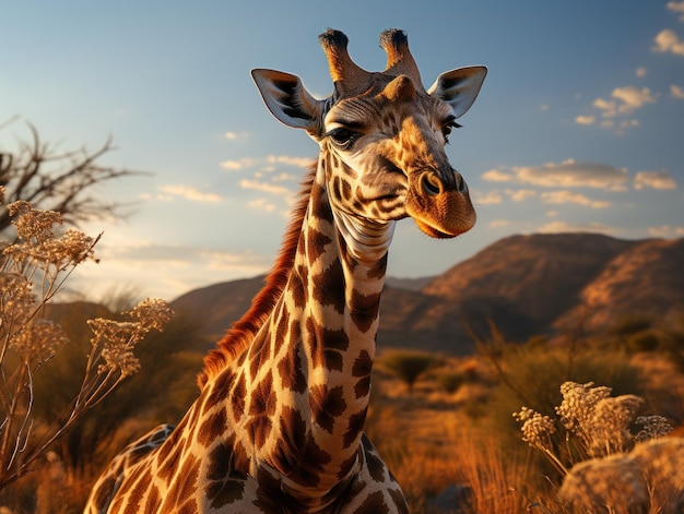 Giraf in zijn natuurlijke habitat, natuurfotografie: een sierlijke giraffe graast in de zonovergoten Afrikaanse savanne, waarbij zijn lange nek en gevlekte patroon opvallen in het wilde landschap.