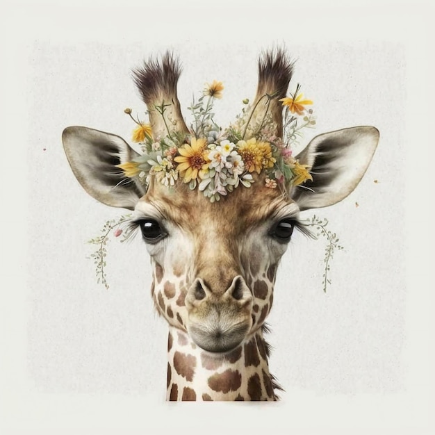 Giraf naar voren gericht met bloemenhoofdtooi