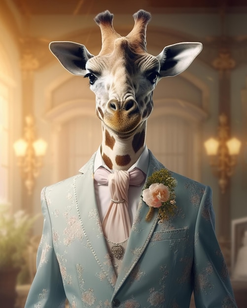 Girafdier als bruidegom in kostuum Generatieve AI