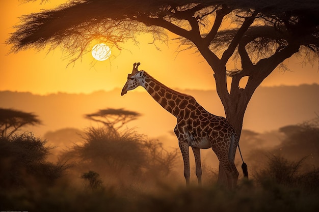 Giraffe in African Savannah Majestic Stretch