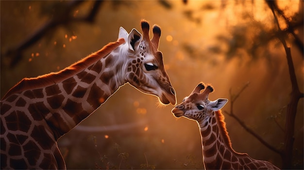 Жираф и младенец целуются в лесу.