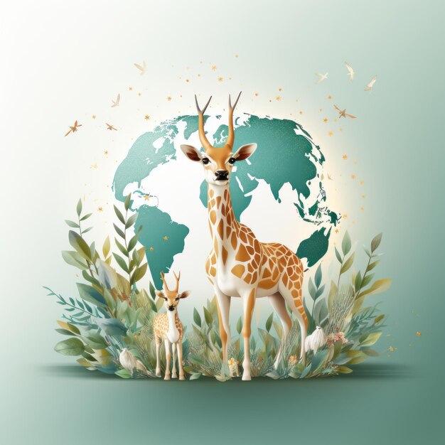 Giraffe and baby giraffe in the jungle with the world map