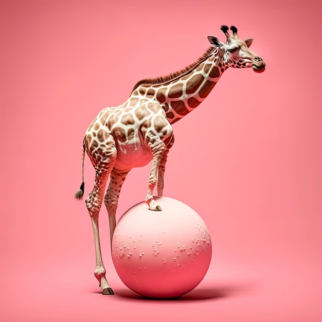 Giraffe balanceren op een roze bal roze achtergrond