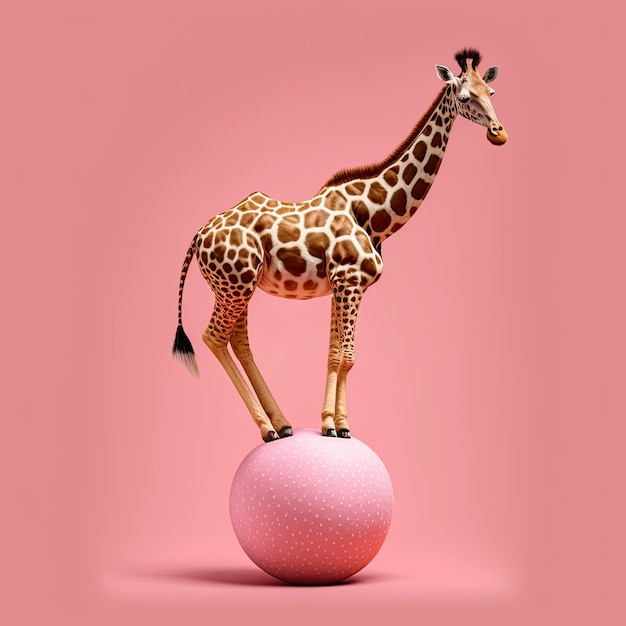 Giraffe balanceren op een roze bal roze achtergrond