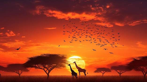 Giraffe and birds silhouettes against serengeti park sunset