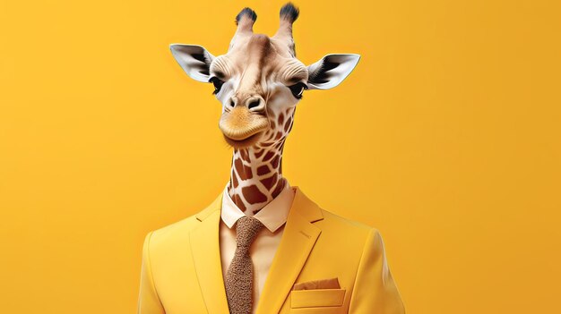 A giraffe in a business suit and tie on a yellow background