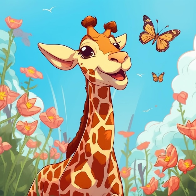 Photo a giraffe and butterflies in a field