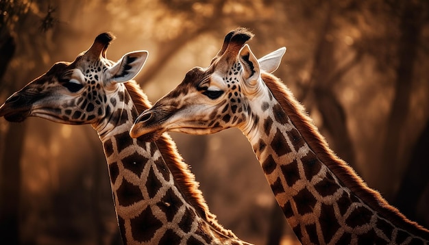 Giraffe calf kissing standing in sunlight eating generated by AI