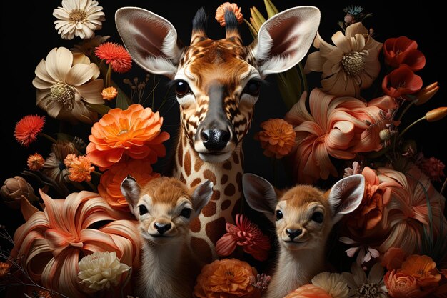 꽃의 배경 일러스트레이션에서 귀여운 동물 가족인 지라프 (Giraffe cute animal family in flower background illustration generative ai)