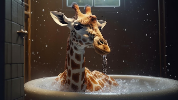 Giraffe die een bad neemt in een badkuip met schuimconcept Dierlijke hygiëne