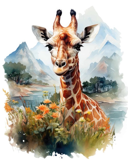 Giraffe Double exposure of a Giraffe and nature mountains trees in watercolor art