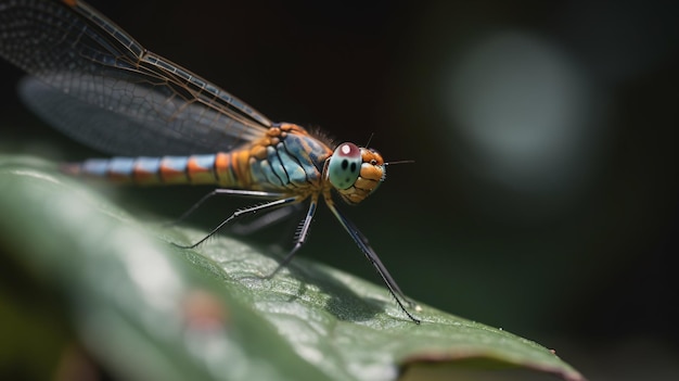 Giraffe Dragonfly on Leaf with Blue and Orange Body Generative AI