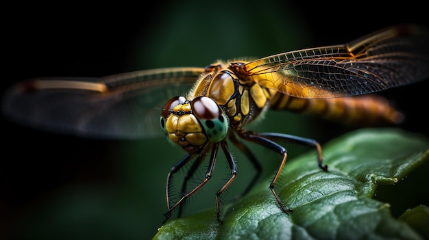 Giraffe Dragonfly on Leaf with Yellow and Black Wings Generative AI