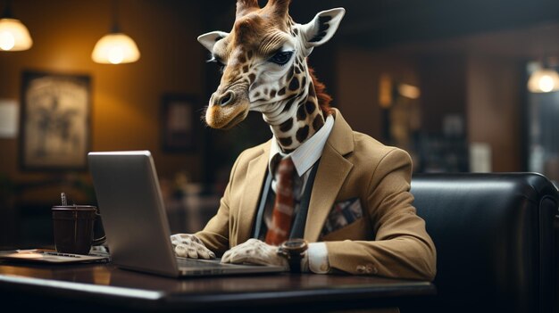 Photo giraffe dressed as a businessman using laptop generative ai